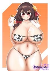 1girls artist_name belly belly_button blush breasts brown_hair collarbone cow_bikini cow_print cowkini crown_braid embarrassed female_only hair_between_eyes hair_ornament hair_over_shoulder hair_ribbon hairbow highres holding_object huge_breasts human kono_subarashii_sekai_ni_shukufuku_wo! large_breasts large_thighs light-skinned_female light_skin looking_at_viewer low_twintails medium_hair milk milk_bottle milk_on_breasts miloharald open_mouth raided_hair red_eyes red_ribbon ribbon ribbons simple_background solo solo_female square_bikini thick_hips thick_thighs thighs twintails twitter_username yunyun_(konosuba)