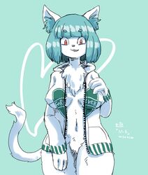 aqua_eyes aqua_hair bottomless feline furry red_eyes sasamino short_hair