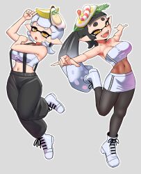 2girls :d :o alternate_costume baggy_pants bare_shoulders big_breasts black_hair callie_(splatoon) callie_(summer_nights) clothed clothes clothing covered_navel fangs head_accessory inkling inkling_girl lemon lemon_slice long_hair marie_(splatoon) marie_(summer_nights) multicolored_hair navel nintendo nobunagapero official_alternate_costume open_mouth overalls pantyhose pencil_skirt posing shoes short_hair skirt solo_female splatfest splatoon splatoon_3 squid_sisters summer_nights_splatfest tentacle_hair tubetop white_hair yellow_eyes