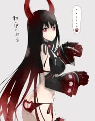 1girls ass black_gold_saw black_lingerie black_rock_shooter butt_crack cat_lingerie detached_sleeves female female_only gauntlets horns lingerie long_hair medium_breasts pale_skin paw_pose red_eyes red_horns solo solo_female white_background