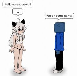 1boy 1girls angry barely_clothed blue_skin chatting cropped_hoodie cube_head dialogue female flat_chest greko long_hair male panties put_on_some_pants roblox roblox_avatar robloxian skinny skinny_female what