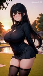 ai_generated big_breasts black_hair female hips original_character red_eyes socks stable_diffusion sunset thick_thighs xceed