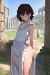 1boy 1femboy ai_generated ass blue_eyes brown_hair elbrook femboy feminine_male huge_ass pear-shaped_figure pear_shaped ruins short short_hair solo standing tagme thick_thighs thigh_slit thighs twink white_robe wide_hips