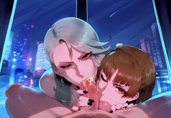 1boy 2girls ai_generated ball_sucking black_nails blowjob collaborative_fellatio cum_in_mouth ffm_threesome handjob makoto_niijima nail_polish one_eye_closed oral penis persona_5 red_eyes sae_niijima sisters teamwork testicle_sucking thiccwithaq_(ai_style) tittyg-ai