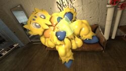 3d 3d_(artwork) full_body indoors joltik lying male male_focus male_only mightyk7 nintendo no_humans on_back pokémon_(species) pokemon solo wooden_floor