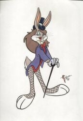 blue_eyeshadow blue_gloves bugs_bunny cabaret fishnets grey_body grey_fur lashes rabbit robert_hill toon top_hat wig