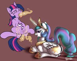 2015 alicorn anal anal_sex anus armor bedroom_eyes clitoris crown cum cum_inside cutie_mark duo equine eyebrows eyelashes female friendship_is_magic fur hair half-closed_eyes horn horse looking_at_viewer looking_down mammal multicolored_hair my_little_pony open_mouth oral oral_penetration penetration pony ponypron princess_celestia_(mlp) purple_eyes purple_fur purple_sclera pussy raised_tail seductive simple_background sun teeth tongue tongue_out twilight_sparkle_(mlp) two_tone_hair unicorn watermark white_fur white_sclera wings