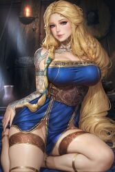 anklet arm_tattoo big_breasts blonde_hair blue_dress blue_eyes breasts dress english_commentary female freckles god_of_war god_of_war_ragnarok gold_trim hair_tubes highres jewelry large_breasts lips long_hair looking_at_viewer mature_female milf neck_tattoo neoartcore parted_lips sif_(god_of_war) sitting solo sony_corporation sony_interactive_entertainment tattoo thick_thighs thighlet very_long_hair