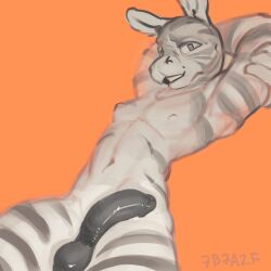 7b7a2f anthro arms_crossed_behind_head balls crossed_arms equid equine genitals glistening glistening_genitalia glistening_penis grey_body hands_behind_head hi_res male mammal navel nipples nude orange_background penis simple_background solo striped_body stripes white_body zebra