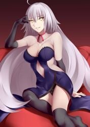 ahoge ai_generated arm_gloves bare_shoulders black_arm_gloves black_gloves black_legwear black_leotard black_panties black_sleeves black_stockings black_thighhighs breasts choker cleavage collarbone dress elbow_gloves fate/grand_order fate_(series) female gloves gradient_background grin hamidasu hourglass_figure jeanne_d'arc_alter_(avenger)_(fate) jeanne_d'arc_alter_(fate) large_breasts legwear leotard long_hair navel official_alternate_costume panties parted_lips pink_choker red_background sitting sleeveless sleeveless_dress sleeves slender_body slender_waist slim_girl slim_waist smile solo stockings thighhighs thin_waist underwear very_long_hair white_hair white_hair_female wide_hips yellow_eyes yellow_eyes_female