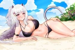 absurdres arm_belt beach bikini black_bikini blue_sky blush closed_mouth cloud cloudy_sky cross cross_necklace day demon_girl demon_horns demon_tail female hairpin highres horns indie_virtual_youtuber jewelry long_hair lucy_pyre lying meisaki multiple_hairpins navel necklace on_side outdoors red_eyes sand sky smile solo swimsuit tail tree virtual_youtuber