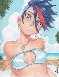 1girls alternate_hairstyle bare_belly bare_shoulders beach bikini bikini_top black_hair blue_eyes blush cleavage clouds earrings female female_only fully_clothed kill_la_kill lips lipstick looking_at_viewer matoi_ryuuko medallion medium_breasts necklace omar_dogan punk_girl punk_hair red_streak sand short_hair sidecut solo striped_bikini swimsuit traditional_art two_tone_hair