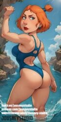 ai_generated artist_name ass back blue_eyes blue_one-piece_swimsuit breasts clothing clothing_cutout day earrings english_text family_guy female female_only from_behind jewelry jousneystudio kneepits large_breasts lips lipstick lois_griffin looking_at_viewer looking_back makeup medium_breasts nose ocean one-piece_swimsuit orange_hair outdoors partially_submerged pool rock short_hair sky solo standing stud_earrings swimsuit thick_thighs thighs twitter_logo twitter_username wading water web_address wet