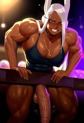 abs ai_generated armpit_hair biceps body_hair crossdressing futanari gigantic_penis gloopai hairy hairy_arms hairy_legs huge_arms huge_cock indoors large_muscles looking_at_viewer miruko muscular muscular_male my_hero_academia nai_diffusion night_club pecs penis penis_out rule_63 veiny veiny_muscles