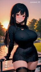 ai_generated big_breasts black_hair female hips original_character red_eyes socks stable_diffusion sunset thick_thighs xceed