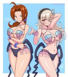 2girls :3 ;) ahoge alternate_costume arm_behind_head armpits arms_under_breasts bare_midriff bare_thighs beckoning bikini blonde_hair blue_background breasts brown_eyes brown_hair cleavage corrin_(female)_(fire_emblem) corrin_(female)_(fire_emblem)_(cosplay) corrin_(fire_emblem) corrin_(fire_emblem)_(female) crossed_arms crossover delia_ketchum_(pokemon) fang female female_only fire_emblem fire_emblem_cipher fire_emblem_fates grey_hair heart_ahoge large_breasts long_hair midriff multiple_girls navel nintendo official_alternate_costume one_eye_closed pointy_ears pokemon ponytail pose raydango red_eyes see-through shell_bikini sideboob swimsuit thighs underboob very_long_hair wink