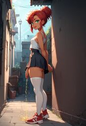 1futa ai_generated arms_behind_back dark-skinned_futanari dark_skin freckles futaimix futanari green_eyes hair_bun original_character peeing red_hair red_shoes skirt tank_top thighhighs