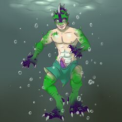 aggrobadger bulge clothing dragon erection eyewear goggles human lizard male male_only mammal monster penis reptile scalie solo swimsuit torn_clothes transformation underwater water webbed_feet