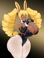 1girls arm_gloves armwear big_breasts blonde_hair breasts bunny_ears bunny_girl bunnysuit bursting_breasts busty dark-skinned_female dark_skin elbow_gloves female female_only huge_ass huge_breasts large_breasts leggings legwear long_hair looking_at_viewer loppy_(thecon) original png see-through see-through_legwear smile solo thecon thick_thighs wide_hips yellow_eyes