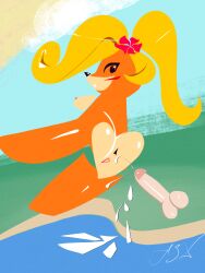 abstract abstract_art applespicex beach blonde_hair coco_bandicoot crash_(series) cumshot disembodied_penis floating_penis furry low_effort parody ponytail