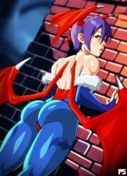 1girls absurd_res against_wall ass bat_print blue_pantyhose capcom darkstalkers female female_only gauntlets head_wings leotard lilith_aensland looking_back pantyhose pumpkinsinclair purple_hair red_eyes solo succubus succubus_wings wings