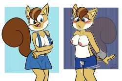 anthro aroused_face between_thighs bodily_fluids breasts clothed clothing disembodied_penis dripping embarrassed fazbear_fanverse female floating_hands from_behind_position genital_fluids genitals heart_eyes heart_symbol humanoid male male/female mammal overall_dress partially_clothed penis popgoes precum precum_drip rodent sara_the_squirrel sciurid sex solo thigh_sex topless topless_female tree_squirrel zurzure