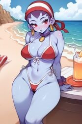 2d ai_generated bandana beach big_breasts bikini blue_skin blush day drinks highleg_bikini purple_hair red_bikini risky_boots shantae sky table tagme