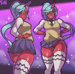 1girls alternate_version_available ass ass_cleavage black_thong blue_hair blue_skirt bottomwear breasts demon demon_girl demon_horns eyewear fangs female female_only glasses green_eyes hair hand_on_hip hands_on_hips horn kneesocks_daemon legwear open_mouth panty_&_stocking_with_garterbelt ponytail red_body red_skin samario school_uniform schoolgirl schoolgirl_uniform short_skirt skirt solo solo_female sparkles thick_thighs thighhighs thighs thong tied_hair tongue tongue_out topwear white_thighhighs