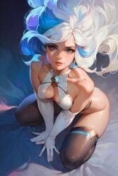 1girl ai_generated at bare bed black blue breasts elbow eyelashes eyes gloves hair legwear lips long looking medium multicolored on_sheet shoulders solo thighhighs viewer white