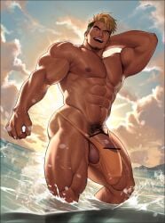 bar_censor bulge censor_bar censored censored_genitalia censored_penis erect_nipples exposed_nipples exposed_penis facial_hair flaccid gay hairy hairy_arms hairy_chest hairy_legs hairy_male high_resolution highres huge_cock human hunk kuromine_hiraya large_penis male male_only muscle muscles muscular_legs muscular_male muscular_thighs nipples nude open_mouth palm_tree palm_trees pecs penis pubic_hair sky smile smiling solo solo_male sweat sweating tan_skin thick_thighs veiny_penis yuatari