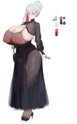 black_dress high_heels highlights hth5k huge_breasts red_eyes tight_clothing voluptuous white_background white_hair