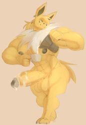 anthro balls biceps big_balls big_pecs big_penis bodily_fluids coffee_cup container cum cum_on_penis cup dalemdaury622 eeveelution fur generation_1_pokemon genital_fluids genitals hair hi_res holding_container holding_cup holding_object jolteon male muscular muscular_anthro muscular_male nintendo nipples pecs penis pokemon pokemon_(species) ponytail pouring_cum single_ear_ring smile solo thick_thighs yellow_body yellow_eyes yellow_fur