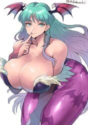 1girls 2d 2d_(artwork) artist_signature bat_print bat_wings big_breasts black_leotard capcom chikoinochi darkstalkers feathers female female_only finger_to_mouth gauntlets green_eyes green_hair head_wings heart-shaped_cutout hi_res huge_breasts leotard long_hair looking_at_viewer morrigan_aensland pantyhose purple_pantyhose purple_tights smiling smiling_at_viewer solo succubus succubus_wings thick_thighs white_background wings