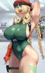 1girls arm_up armpits barghest_(gawain)_(fate) blonde_hair cammy_white_(cosplay) cosplay fate_(series) hat heterochromia huge_breasts leotard looking_at_viewer muscular_female paint raskasar solo thick_thighs thigh_strap