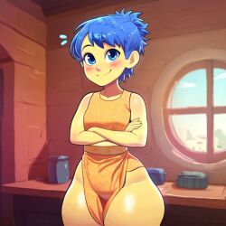 1girls ai_generated big_ass blue_eyes blue_hair blush bottomless clothed clothing crossed_arms dress indoors inside_out joy_(inside_out) pixar repartz short_hair small_breasts smile solo table thick_thighs thighs window yellow_body yellow_skin