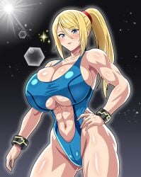 1girls abs absurd_res beauty_mark blonde_hair blue_hair blush breasts cleavage commission cowboy_shot hair_between_eyes hand_on_hip hi_res huge_breasts leotard long_hair looking_at_viewer metroid mole muscular muscular_female nintendo parted_lips ponytail revealing_clothes samus_aran shiny_skin sidelocks snowpowder198 solo sparkles standing starry_sky toned toned_female underboob