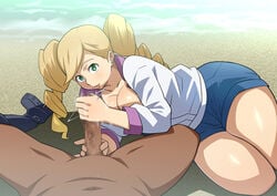 beach blonde_hair breast_press breasts censored cleavage clothed_female_nude_male curvy drill_hair eco_turbine female green_eyes gundam gundam_tekketsu_no_orphans handjob huge_breasts human legs long_hair long_sleeves looking_at_viewer lying male mosaic_censoring motion_blur ocean on_side outdoors parted_lips penis plump pov shorts smile solo_focus straight tetrodotoxin thick_thighs thighs tied_hair twintails unseen_male_face water wide_hips