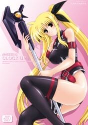 arm_strap bangs bardiche bare_shoulders belt black_legwear blonde_hair blush breasts buckle cover cover_page doujin_cover doujinshi fate_testarossa female hair_ribbon halterneck highleg_leotard holding holding_weapon large_breasts leotard long_hair looking_at_viewer loose_belt magical_girl parted_bangs polearm red_eyes ribbon shiny sidelocks thighhighs turtleneck twintails very_long_hair weapon