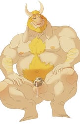 anthro asgore_dreemurr balls beard biceps big_muscles blush boss_monster caprine chastity chastity_cage chastity_device crouching daire301 facial_hair flaccid fur furry hair horn humanoid_penis male male_chastity male_only mammal musclegut muscular navel nipples nude open_mouth overweight pecs penis precum simple_background solo undertale video_games white_fur