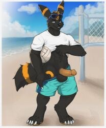 anthro balls beach black_body black_fur blue_bottomwear blue_clothing blue_shorts blue_sky bottomwear claws clothing cloud ear_markings ears_up eeveelution eyewear eyewear_on_head farn fur generation_2_pokemon genitals green_eyes hi_res humanoid humanoid_genitalia humanoid_penis male male_only manly muscular muscular_male net nintendo orange_body orange_fur penis pokemon pokemon_(species) presenting presenting_abs presenting_penis sea shirt shorts sky solo sport sunglasses sunglasses_on_head tail topwear umbreon volleyball volleyball_net water white_clothing white_shirt white_topwear xenonnero