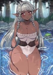 aqua_hair braid breasts cleavage dark-skinned_female dark_elf dark_skin elf elfoppai faenatical female highres large_breasts leotard long_hair partially_submerged pointy_ears red_eyes rosalinde_(unicorn_overlord) smile strapless unicorn_overlord very_dark_skin very_long_hair wet