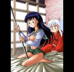 1boy 1girls animal_ears bar bed black_hair blanket breasts breasts_out brown_eyes censored feet female gravity_work_x inuyasha inuyasha_(character) kagome_higurashi kneeling long_hair male nipples no_underwear penis penis_out school_uniform schoolgirl seifuku serafuku shirt shirt_lift skirt toes wall white_hair yellow_eyes