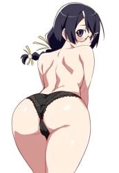 ass ass_focus back back_view bare_arms bare_back bare_legs bare_shoulders bare_thighs big_ass black_hair black_panties blush glasses hanekawa_tsubasa karen02643 monogatari_(series) panties_only ponytail purple_eyes shiny_skin thighs topless