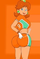 1girls ass daisy's_hot_stuff_(trend) female female_only mario_(series) mario_strikers mario_strikers_princess_daisy_side_view_redraw_(meme) meme orange_shorts princess_daisy screenshot_redraw super_mario_bros.