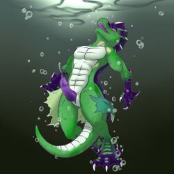 aggrobadger bulge clothing cum cumshot dragon erection eyewear goggles lizard male male_only monster orgasm penis reptile scalie solo swimsuit torn_clothes transformation underwater water