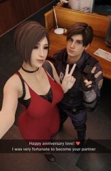 1boy 1girls 3d ada_wong ada_wong_(adriana) brown_hair dress english_text eskandart leon_scott_kennedy light-skinned_female light-skinned_male light_skin looking_at_viewer police_uniform red_dress resident_evil resident_evil_2 resident_evil_2_remake selfie short_hair snapchat v