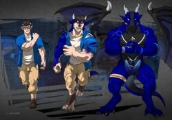 2_penises absurd_res anthro clothing diphallia diphallism dragon european_mythology front_view genitals growth hi_res horn horn_growth male multi_genitalia multi_penis muscular muscular_male mythological_creature mythological_scalie mythology penis ryvin scalie scrappyvamp solo species_transformation tail tail_growth torn_clothing transformation translucent translucent_wings western_dragon wing_growth wings