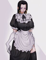 1girls big_breasts black_hair blush boa_hancock clothed clothing color female female_focus female_only hi_res jewelry large_breasts light-skinned_female light_skin long_hair looking_at_viewer maid maid_outfit maid_uniform one_piece purple_eyes shounen_jump siokosho_kinoko solo solo_female tagme thick_thighs