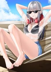 1girls absurdres alternate_costume armpits arms_behind_head arms_up barefoot beach bikini bikini_under_clothes black_bikini blue_shorts blue_sky breasts bullet bullet_necklace calves cleavage cloud day deal_with_it denim denim_shorts drooling eyebrows_visible_through_hair feet female frima_(nikke) frima_(sea_of_sloth)_(nikke) goddess_of_victory:_nikke grey_hair hair_between_eyes kipdrew legs long_hair medium_breasts meme_attire neck_pillow necklace official_alternate_costume open_mouth outdoors saliva saliva_drip see-through see-through_clothing shorts sitting sky sleeping solo sunglasses swimsuit thighs toenails toes white_hair