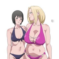 2girls aldwelter big_breasts bikini bikini_bottom bikini_top black_bikini black_eyes black_hair blonde_hair bottomwear breasts brown_eyes cleavage female female_only forehead_jewel hair huge_breasts mature mature_female mature_woman medium_breasts milf mother_daughter_boob_envy_(meme) multiple_girls naruto naruto_(series) pink_bikini shizune smile swimwear teacher_and_student topwear tsunade